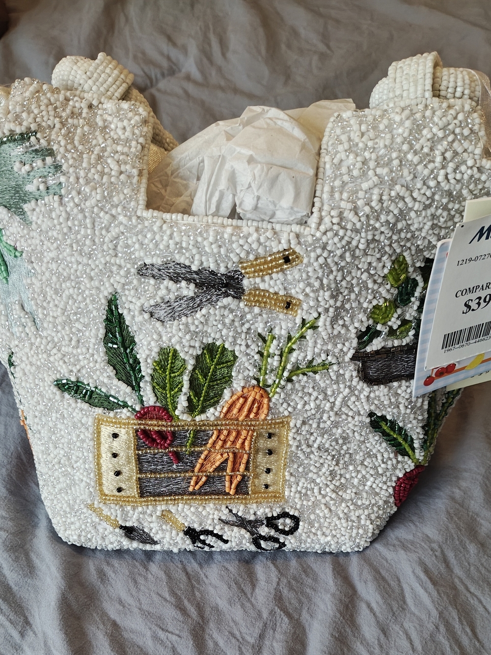 Beaded White Garden Tote Bag with Vegetable Embroidery